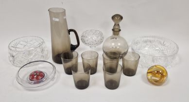 1970's smoke tinted glass part service comprising a globular decanter and stopper, six beakers and a
