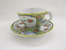20th century Chinese porcelain breakfast cup and saucer decorated with fan-shaped panels of