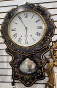 Victorian papiermache and mother-of-pearl inlaid drop-dial wall clock, probably American, with white
