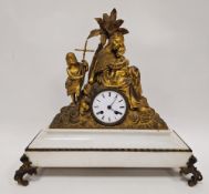French late 19th century gilt metal marble-mounted mantel clock, surmounted with Mary embracing
