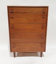 Meredew mid-century teak chest of drawers, five graduated drawers each with oval wood handles,