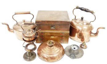 Collection of Victorian copper kettles in sizes, a hot water bottle, a Victorian mahogany inlaid