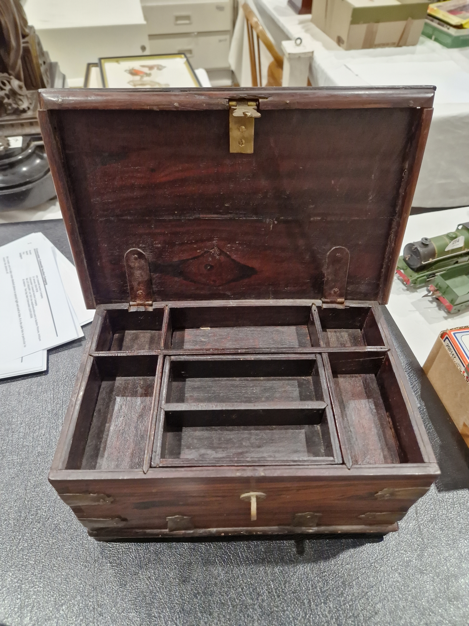 Victorian rosewood and brass-mounted toilet box, the interior fitted with compartmentalised trays - Image 18 of 19