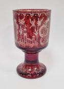 19th century Bohemian ruby flashed and engraved goblet, engraved with stag, animals and landscapes