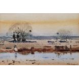 Frank Richards (British, 1863-1935) Watercolour River scene with figure, signed lower right,