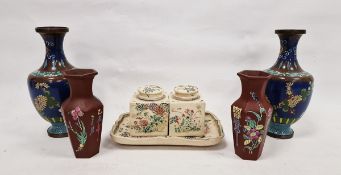 Pair of Japanese Satsuma Meiji period (1868-1912) square-section tea caddies with covers and liners,