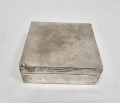 George V silver cigarette box of square form, opening to reveal a wood lined interior, hallmarked