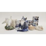 Six Royal Copenhagen porcelain models of animals and birds, printed green factory marks, blue wave