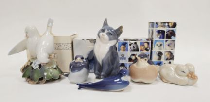 Six Royal Copenhagen porcelain models of animals and birds, printed green factory marks, blue wave