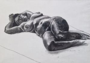 Sara Russell (21st century) Charcoal on paper 'Reclining Nude', signed and dated '05 lower right,