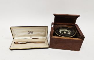 Cross rolled gold ballpoint pen in case and a vintage brass-mounted ship's gimbal compass fitted