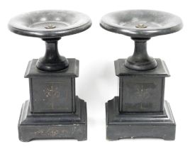 Pair of Victorian slate pedestal tazzas on stands, each cup-shaped tazza supported on a square