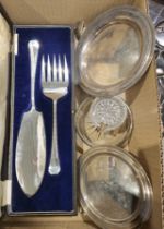 Silver-plated cake slice and fork, cased, two Christofle circular dishes in sizes, two cut glass