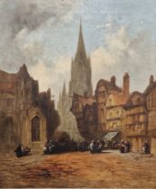 Late 19th century school  Oil on canvas  View of a market square and church, indistinctly signed