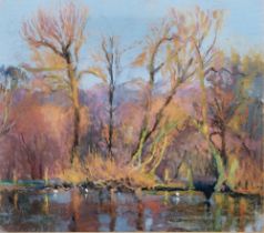 Nancy Green (20th century) Pastel View of trees overlooking river, signed and dated '91 lower