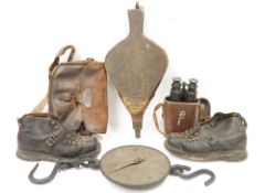 Pair of black leather antique ski boots, a brown leather satchel, assorted military canvas and brown