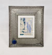 Arts & Crafts pewter rectangular picture frame, inset with a Ruskin-style blue glazed circular