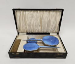 Art Deco silver and blue guilloche enamel mounted dressing table set comprising compact, hand mirror