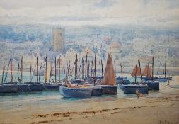 John M Bromley (1858-1939) Watercolour Coastal scene with fishing boats moored on beach, town and