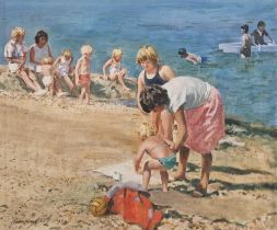Norman R. Hepple R.A. (British, 1908-1994) Oil on canvas Women and Chidren on the Beach, signed