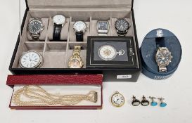 Quantity watches in watch box and string of pearls