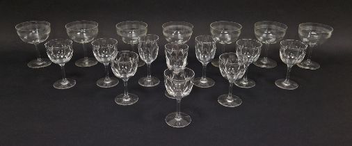 Art Deco part table service comprising seven ribbed champagnes coupes, a Stuart cut glass table