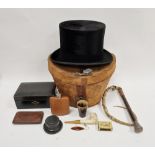 Gent's black silk top hat by Woodrow, London, in brown leather hat box, an embossed white metal