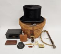Gent's black silk top hat by Woodrow, London, in brown leather hat box, an embossed white metal