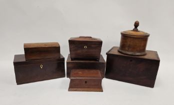 Collection of Victorian boxes including a rosewood sarcophagus-shaped tea caddy and two liners, a