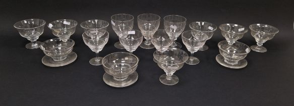 Assembled Stuart ribbed glass part table service, circa 1930, etched registration marks, comprising: