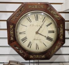 19th century brass inlaid rosewood octagonal section fusee striking wall clock, the white painted