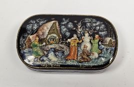 Russian lacquered papiermache snuffbox and cover, 20th century, gilt, made in Russia and cyrillic