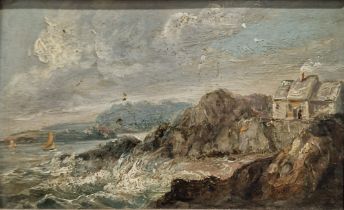 19th century school Oil on tin Four miniature oil paintings, three of coastal scenes and one of a