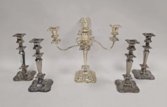 Silver-plated five-light candelabrum having four scroll branches and centre column with chased