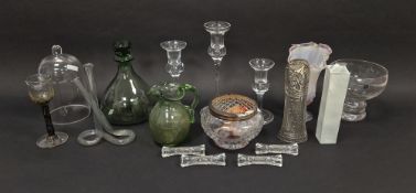 Group of assorted flower vases, candlesticks and other items including a pink carnival glass frill-