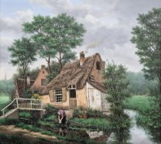 Andre Andreoli Oil on canvas "Elbergen Holland", figure beside cottage and stream, signed and