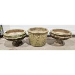 Pair of reconstituted stone small garden urns and a hexagonal garden urn with decorated sides,