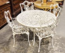 White painted circular metal garden table, Coalbrookdale-style, the top of foliate design with a