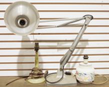 Anglepoise-style lamp, a brass and onyx table lamp and a Poole pottery ceramic lamp bearing floral