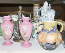 Moorcroft-style tubelined two handled vase, a pair of floral decorated pink milk glass vases, a