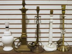 Quantity of lamps and other items to include a brass table lamp in Corinthian column form, a pair of