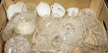 Assorted glassware to include cut glass, wine glasses, lidded dishes, etc, a Arcopal part tea