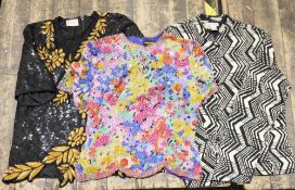 Assorted clothing and textiles to include a Frank Usher black sequinned blouse with gold foliate