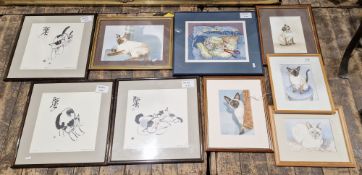 small quantity of watercolour drawings of various Siamese cats, signed Bridget Kelsey, all framed