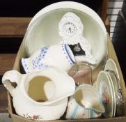 Assorted glass, ceramics and other items to include a Laura Ashley white tablecloth, two large jugs,