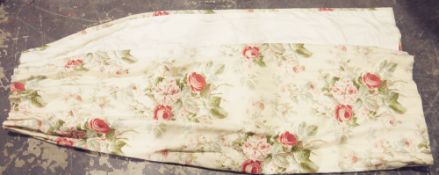 Two pairs of full-length lined and interlined curtains, pink and cream roses on a cream ground,