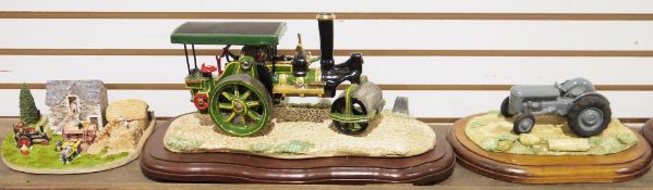 Danbury Mint ceramic model titled 'Threshing' and four ceramic models of agricultural vehicles,