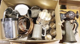 Assorted metalware including pewter coffee pot, copper and brass jardiniere, tankards and other