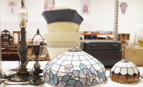 Two Tiffany-style lampshades, a Loxton Lighting Art Nouveau-style lamp and another similar (4)