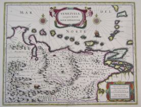 Guiljelmus Blaeuw, hand coloured engraved map of Venezuela, 17th century, inscription verso in